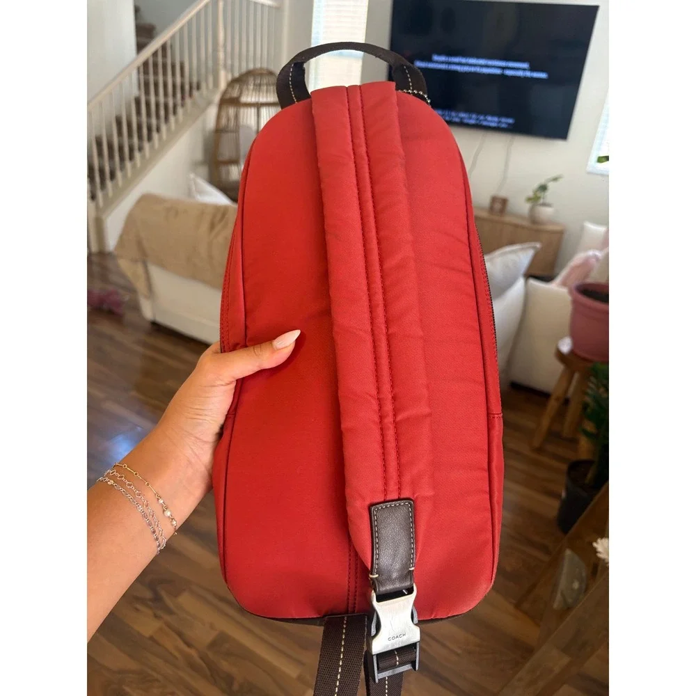 Coach Thompson Heritage Sling Bag Red‎ Nylon Brown Leather Crossbody F70692 Mens